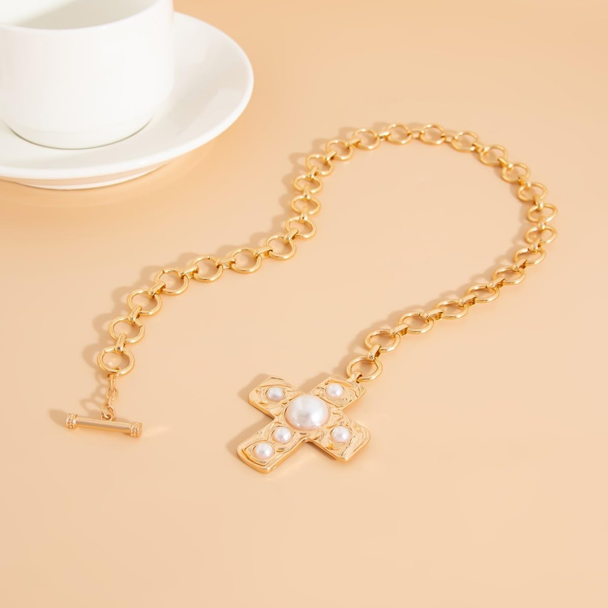 Chunky Cross Necklace for Women Gold Toggle Necklaces Statement Hammered Gold Cross Pendant Jewelry - Image 6