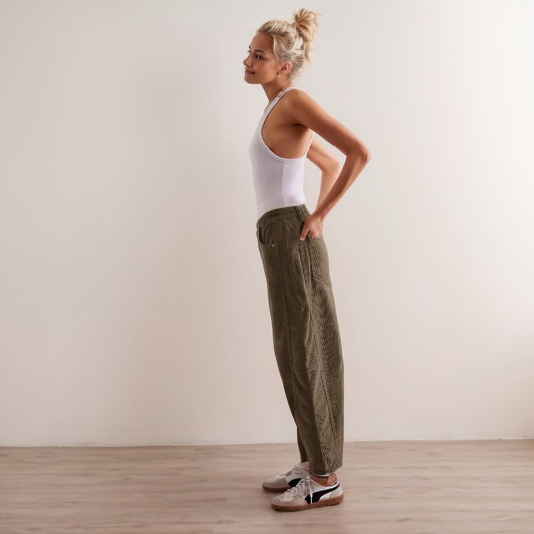 Corduroy Pants for Women Barrel Pants Elastic Waist Mid Rise Cropped Pants Casual Baggy Pants with Pockets - Image 4