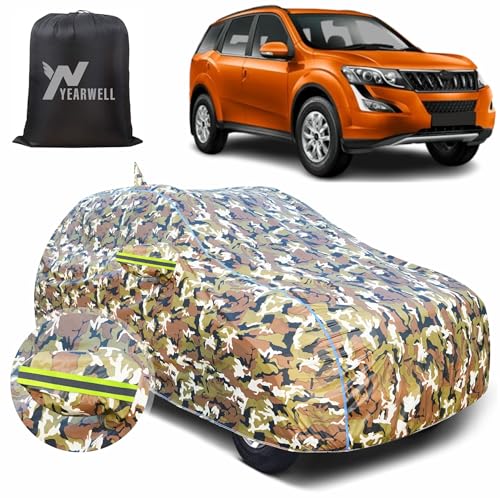 Image of Car Body Cover for Mahindra XUV 500, 100% Waterproof, Heat-Resistant with Mirror & Antenna Pockets, Soft Cotton Lining, Triple Stitched, Green Reflector (Jungle Print)