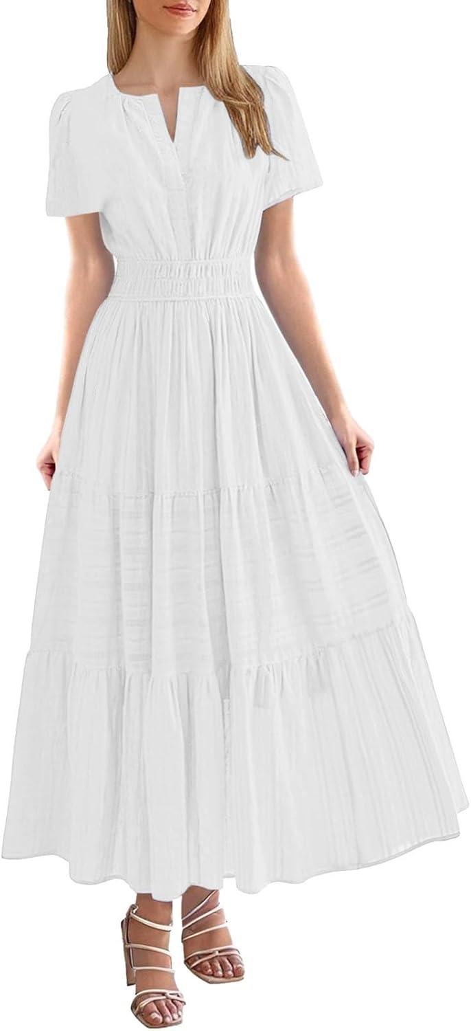 Aniywn Womens Maxi Dress Summer Casual Lightweight Short Sleeve V Neck Elastic Waisted Boho Beach Sundresses with Pockets