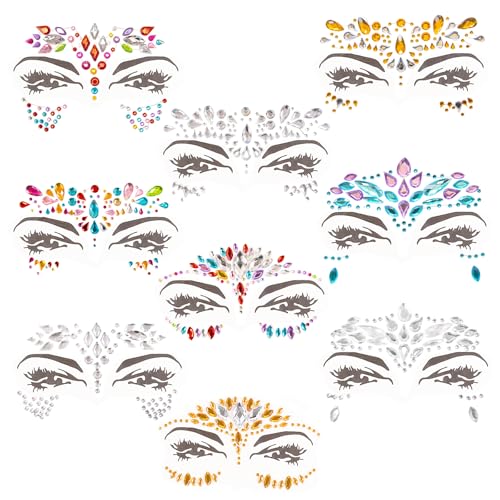 OBSGUMU Face Gems for Festivals, 9 PCS Adhesive Face Glitter Jewels Temporary Tattoos Sticker for Music Festival Holiday Party, Halloween, Christmas,Birthday Carnival