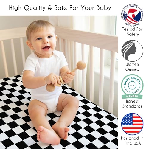 Image of Sweet Jojo Designs Baby Fitted Mini Crib Sheet (Black and White Gingham Checkered Plaid) for Boys /Girls, Newborn /Infant Nursery, Play Yards, Portable Cribs (Vintage, Classic Checkerboard, Racing Flag)