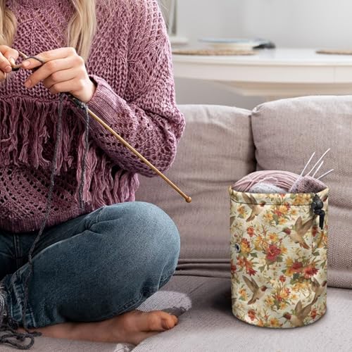 Image of Sellikakes Hummingbird Floral Retro Crochet Organizer Yarn Holder, Portable Knitting Bag Crochet Storage Bag Store Crocheting Supplies Needles Skein Balls Sewing Accessories