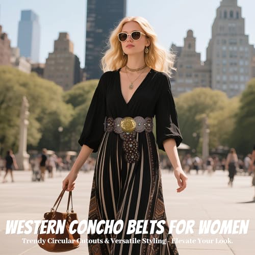 Western Leather Belts for Woman Boho Cowgirl Wide Disc Belt for Women Concho Cowboy Waist Belts for Dress (Coffee-bronze Buckle, 56'' (fits waist size up to 53''))4