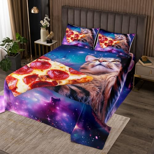 Erosebridal Kids Cat Bedspread, Starry Sky Animal Quilted Coverlet King Size, Pizza Funny Pet Coverlet Set for Girls Boys Children, Galaxy Outer Space Bedding Set Bedroom Decor, Purple
