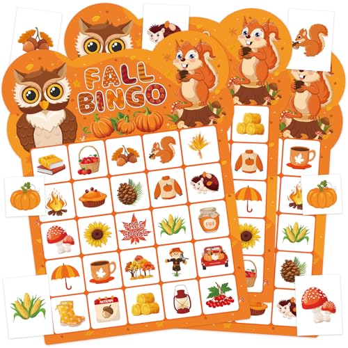Leezead Cartas de jogo de bingo de outono para crianças e adultos, 24 jogadores, outono, Ação de Graças, cartas de bingo, jogo de festa de outono para escola, sala de aula, atividades familiares