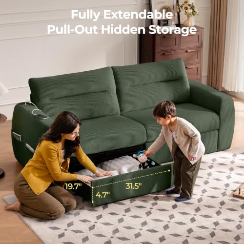 Image of 88.6 inch Modern Storage Loveseat Sofa, Small Couches for Living Room, Green | Corduroy, USB Charging, Pull-Out Storage, Deep Seat, Comfy Love Seat for Small Spaces, Apartment, Bedroom, Dorm, Office