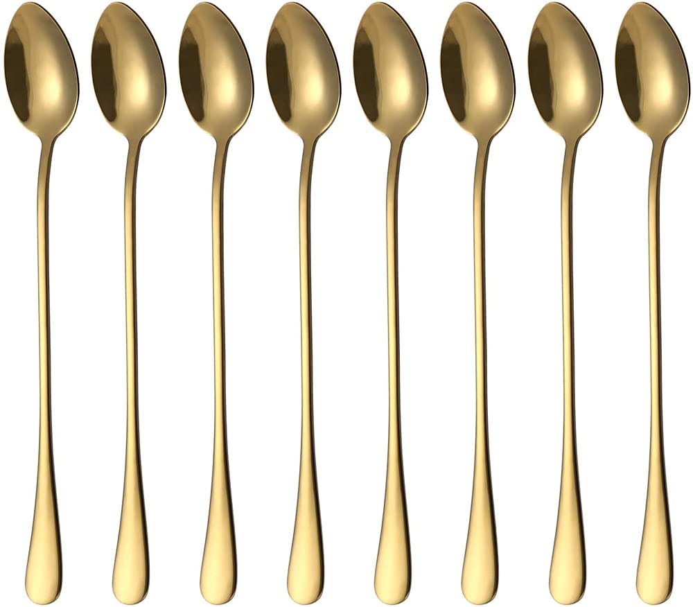 Long Handle Spoon, ELECDON Stainless Steel Spoon Set Mixing Spoon Ice Cream Spoon Iced Tea Spoon Coffee Spoon Stirring Spoon Dessert Spoon Milkshake Spoon, 8 Pcs ( Gold Ice spoon, 7.6 in)