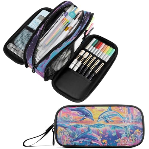 Image of Fustylead Fantastic Dolphins Landscape Large Pencil Case Portable Stationery Bag Cosmetics Bag with Handle for School Office Travel