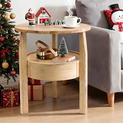 Round Coffee Table with Storage and Hidden Drawer - 20" D x 20" H Natural Wood Side Table with Sliding Drawer, Mid Century Modern Coffee Table, Small Coffee Table for Living Room, Natural Wood Color