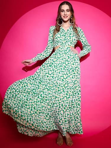 Image of Sheetal Associates Women's Crepe Fit and Flare Printed Full Sleeve V-Neck Casual Dress