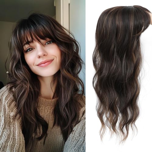 Hair Topper, Big Base 360° 3D Hair Toppers for Women with Thinning Crown, 20 Inch Long Curly Wavy Hair Pieces with French Part Clip in Bangs for Daily Use Parties