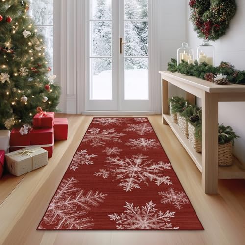 FMFUNCTEX 2x6 Christmas Runner Rug Red Snowflake Winter