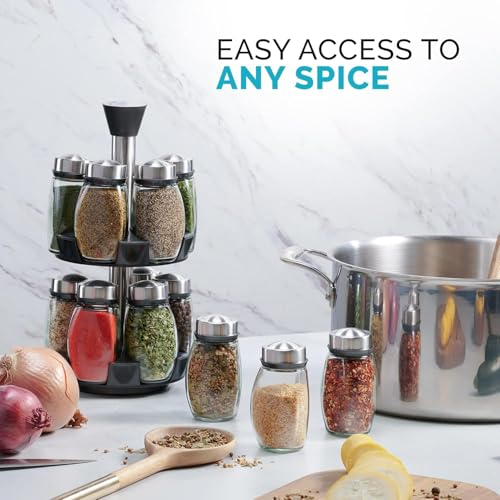 Revolving Spice Rack Organizer - Spinning Countertop Herb and Spice Storage Rack Tower Organizer with 12 Empty Glass Jars Bottles and Labels, Rotating Spice Holder Shelf Seasoning Rack - Image 3