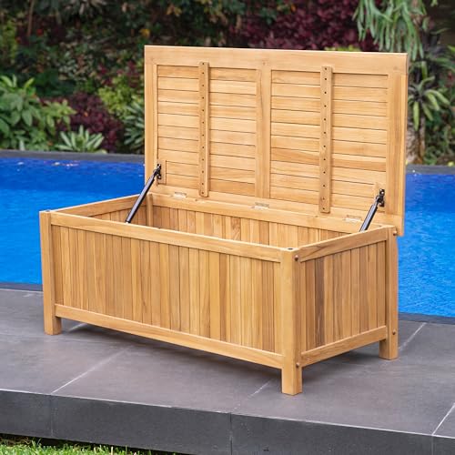 Image of Cambridge Casual Arie 48-Inch Teak Outdoor Deck Box Storage Chest - Weather-Resistant Patio Organizer with Soft-Close Lid for Pool or Garden Storage, 49 Gallons