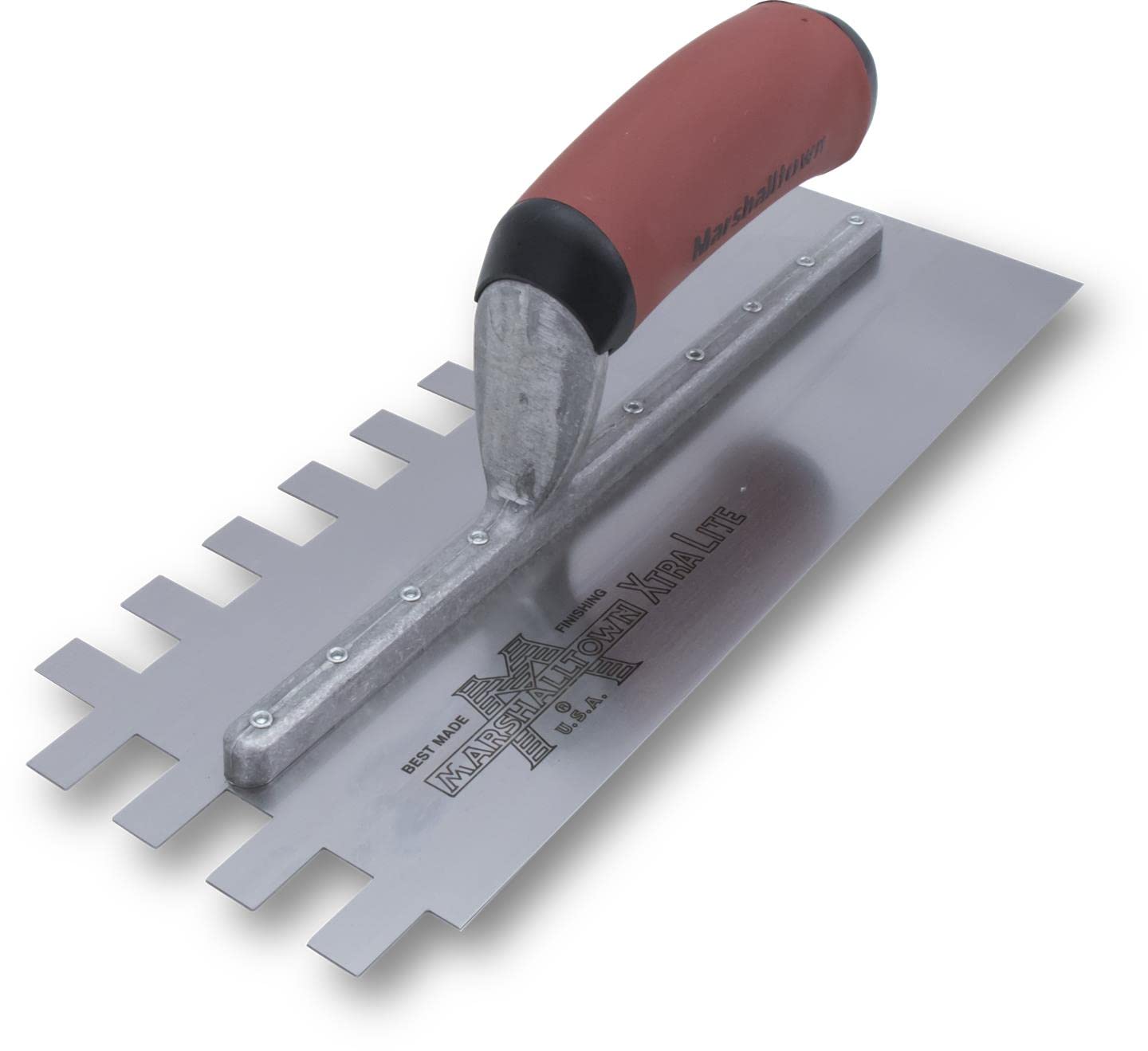 Frattazzo dentato Marshalltown, tacca: U-6x13x6 mm con manico curvo Durasoft, in acciaio, per piastrellisti, dimensioni: 279x114 mm