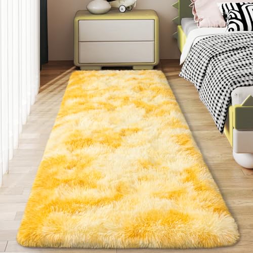 Ailyei Soft Runner Rugs for Bedroom Hallways, 2x6 Tie-Dyed Yellow Fluffy Shag Throw Area Rug Non Slip for Bedside Dorm, Long Shaggy Furry Carpet for Nursery Living Room