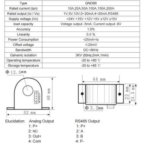 Transmisor corriente QNDB6 CA CC 20A sensor efecto Hall RS485 2