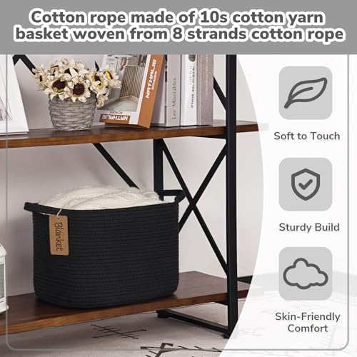 Image of Goodpick Woven Rope Storage Basket for Shelves, Rectangle, Black | 13 inch x 10 inch x 9 inch Stylish Gift Basket for Home Decor, Cotton Rope Baskets for Toys, Towels & Books Storage, Reinforced Handles