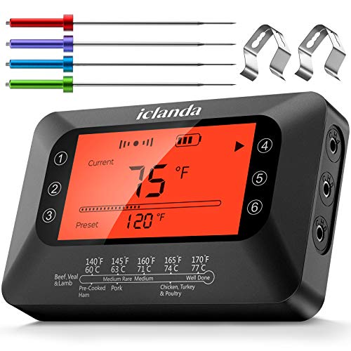 Wireless Meat Thermometer for Grill, 4 Probes Digital Thermometer with Large Backlight Display, 196ft Remote Monitor, 12 Preset Meat Modes, Timer, Alarm for Oven, Grill, BBQ
