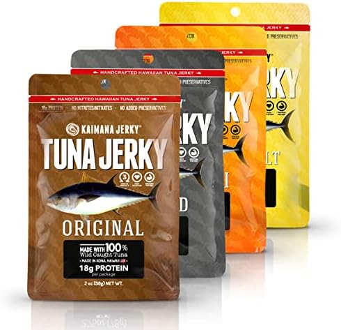 Kaimana Jerky Ahi Tuna 4 Pack Variety Bundle - All Natural & Wild Caught Tuna Jerky. Made in USA. 18g Protein & Good Source Of Omega-3's