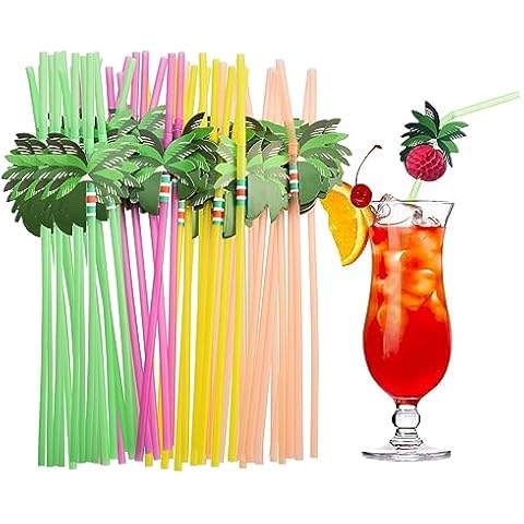 NINU 100 Coconut Tree Drinking Straws, Hawaiian Beach Cocktail Luau Party Decorations Plastic Straws Cover