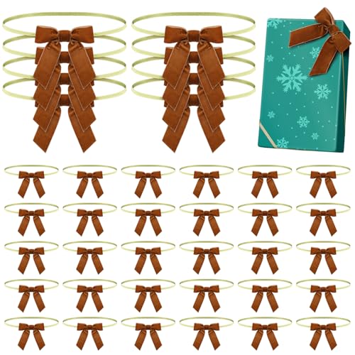 Dingion 100 Pcs Velvet Christmas Gift Bows for Gift Wrapping Elastic Bows Holiday Pre Tied Bows 24'' Stretch Loops with Ribbon Stretch Cord for Flat Gift Boxes Xmas Baby Showers Weddings Party Favors