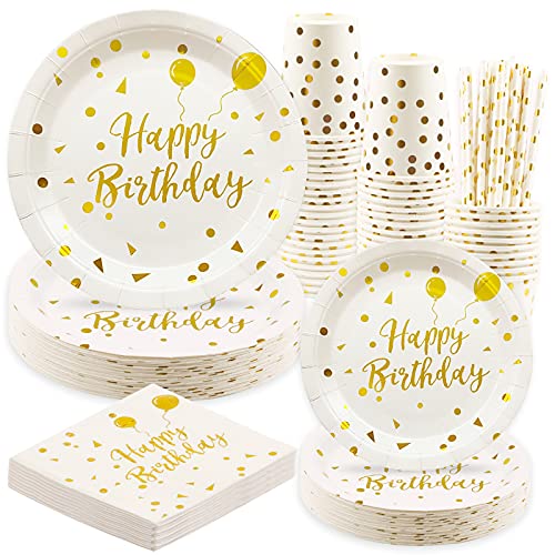 Rorchio 24 Invités Vaisselle Anniversaire Or, Assiettes Dorée Carton, Gobelets Pailles en Papier et Serviettes pour Décoration Happy Birthday Fille Femme