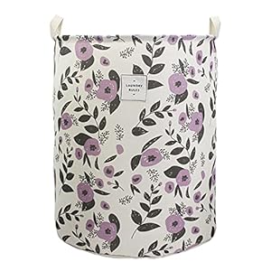 Mziart Collapsible Laundry Basket, Floral Printing Large Laundry Hamper for Baby Girls Kids Toys Clothes Organizer Foldable Storage Bin Waterproof Canvas Nursery Storage Basket with Handles (Purple)