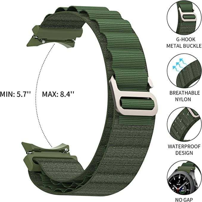 Image of FOLX FAG05 No Gap G-Hook Nylon Alpine Watch Bands Compatible for Samsung Galaxy Watch 4 Band & Galaxy Watch 5 Band 44mm 40mm /Watch 5 Pro Bands 45mm /Galaxy Watch 4 Classic Bands 46mm 42mm,20mm Sport Strap Wristbands for Men Women Unisex (ALPINE [ GREEN ])