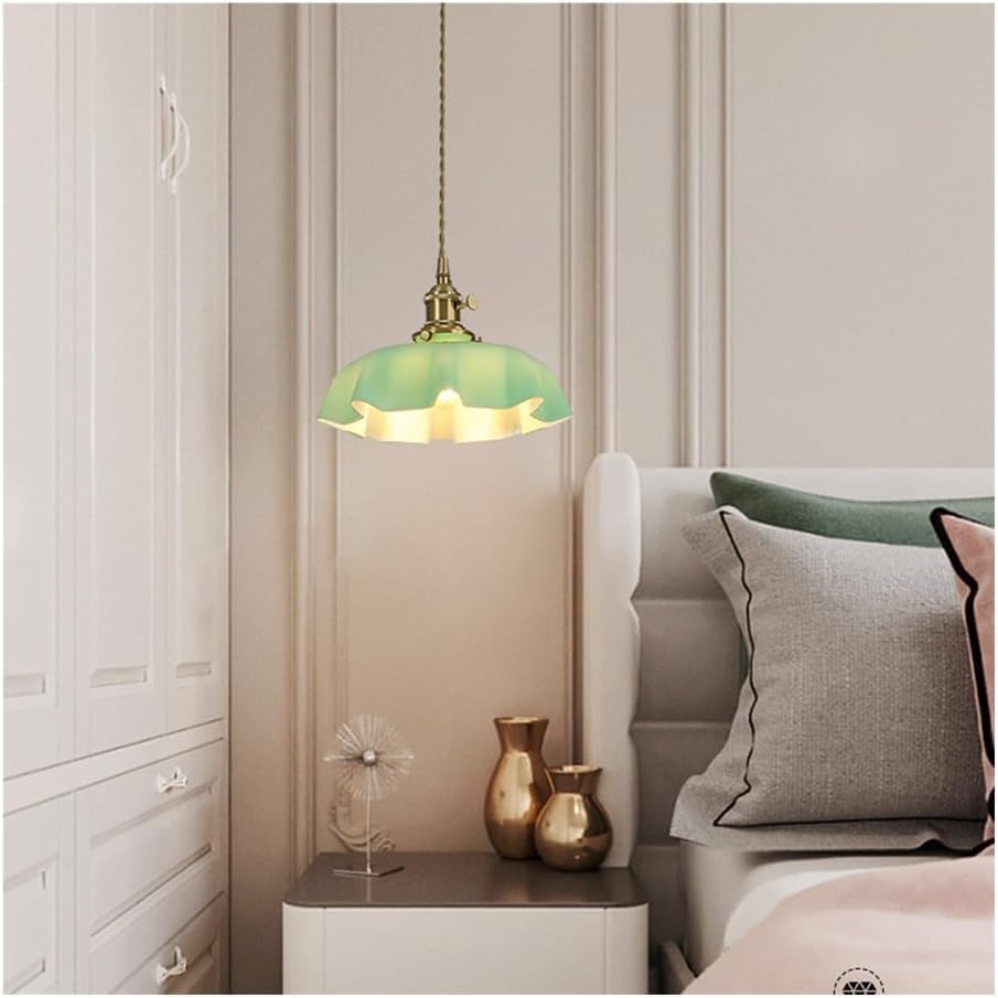 Retro francuski kremowy kształt kwiatu szklany wisiorek oprawy oświetleniowe 2 szt. kolorowa lampa klosz mosiężna lampa wisząca, do jadalni salonu (zielona)