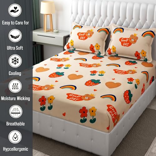 Image of RD FABS Cartoon Wrinkle Free Glace Cotton Bedsheet for Kids with 2 Pillow Cover (Double Bed King Size 90X95 Inches /Good Day /Pale Color /Boys Girls Room), 144 Tc,Multicolor