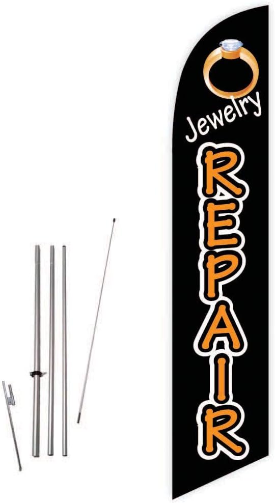 Jewelry Repair (Black) Feather Flag with Complete 15ft Pole kit and Ground Spike