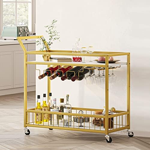 YITAHOME Gold Bar Cart for Home, 2 Tier Rolling Mini Liquor Bar for Wine Beverage Dinner Party, Kitchen Carts on Wheels, Bar Cabinet for Dining Room, Mini Bar Unit for Home Kitchen Dining Living Room