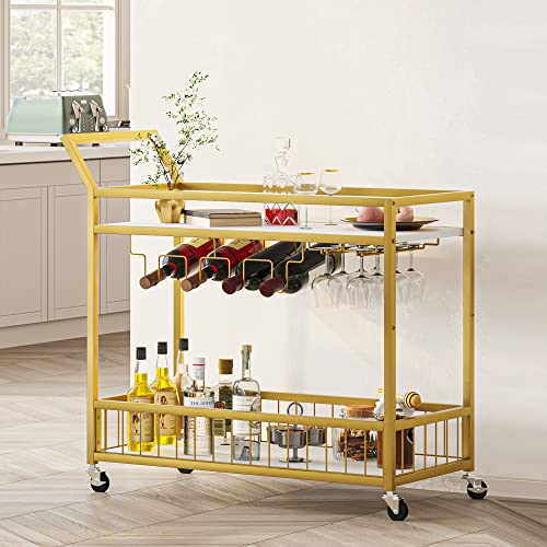 Yitahome Gold Bar Cart For Home, 2 Tier Rolling Mini Liquor Bar For Wine Beverage Dinner Party, Kitchen Carts On Wheels, Bar Cabinet For Dining Room, Mini Bar Unit For Home Kitchen Dining Living Room #TOP22