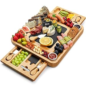Easoger Large Charcuterie Board (28″×13″×1.6″) with 2 Drawers, Bamboo Cheese Board with Knife Set, 2 Ceramic Bowls, Cutting Protection Natural Slate and Non-slip Feet, ideal for Housewarming Gift