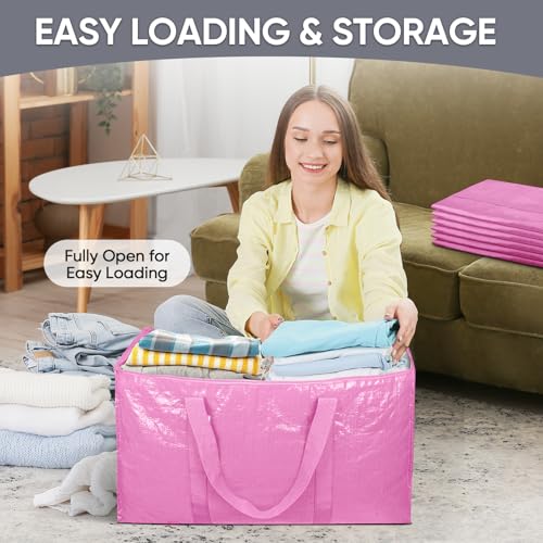 Image of TICONN 6 Pack Extra Large Moving Bags Heavy Duty with Zippers & Carrying Handles, Durable Storage Bags Moving Boxes for Closet Organizers and Storage (6 Pack, Pink)