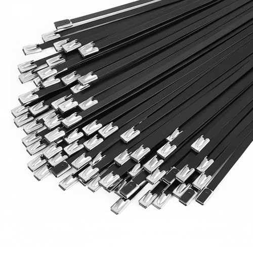 11.8 Stainless Steel Cable Ties 100 Pack Heavy Duty Self Locking Metal Zip Ties 304 Epoxy Coated Heat Resistant for Automotive Industrial Machinery & All Weather Outdoor Binding (Black)