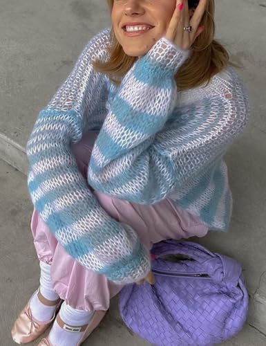 Perbai Womens Oversized Rainbow Sweater Casual Crewneck Batwing Long Sleeve Striped Loose Knit Jumper Top3