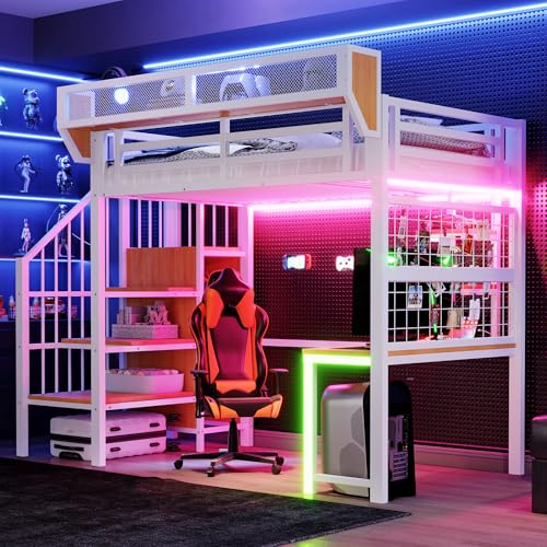 LinoraFurn Cama alta de metal 90 x 200 cm, con escritorio, estantería y red de almacenamiento, completa con escalera de seguridad, iluminación y enchufe, barandilla elevada, color blanco