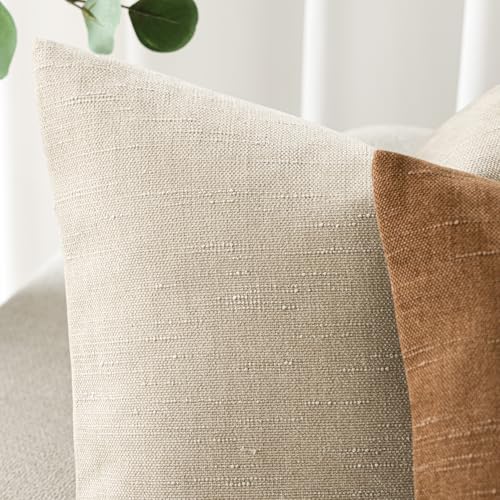 Image of Foindtower Pack of 2 Soft Textured Chenille Throw Decorative Pillow Covers Square Accent Solid Cushion Cover Cozy Neutral Farmhouse Pillow Case for Couch Sofa Bedroom Living Room 16x16 Inch, Beige