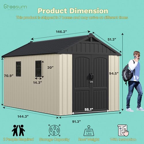 Image of Greesum 8X12FT Plastic Outdoor Storage Shed with Floor, Resin Sheds, Beige