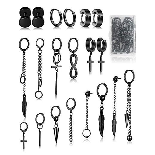 FIFATA Cross Dangle Earrings for Men 20 Pieces, Stainless Steel Stud Hinged Hoop Earrings, Long Chain Kpop Earrings for Women, Black and Silver