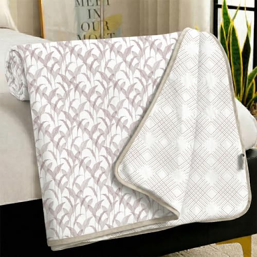 Image of Story@Home AC Quilted Queen Size Bed Cotton 100%| 150GSM 144x220CM Quilt AC Blanket for Summer | AC Comforter Single Bed | Magenta & White, Dashed line & Leaf Reversible Design| All-Season Blanket