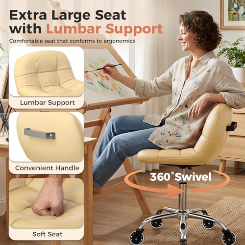 Image of Rolling Stool Chair with Wheels, Height Adjustable Stool with Back Support, Office Drafting Chair with PU Leather Cushion for Home Office Kitchen Vanity Salon Garage Tattoo Dentist Esthetician(White)