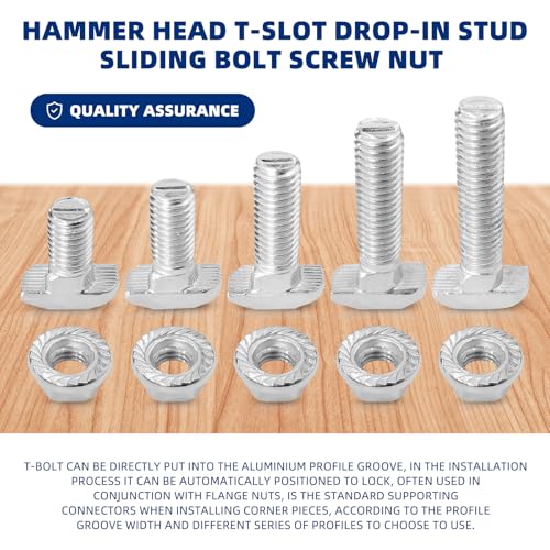 Image of 50Pcs M8x16 /20 /25 /30 /35mmThread T-Slot Drop-in Stud Sliding Screw Bolt with Flange Nut Set, Heavy Duty Hammer Head Bolt T Shape Screws for European Standard 40 Series Aluminum Profile