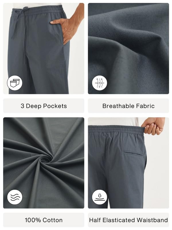 Image of SAADAA Men's 100% Cotton Pants | Mid-Rise Straight Fit Casual Trousers with Elastic Waistband and 3 Pockets | Everyday Wear