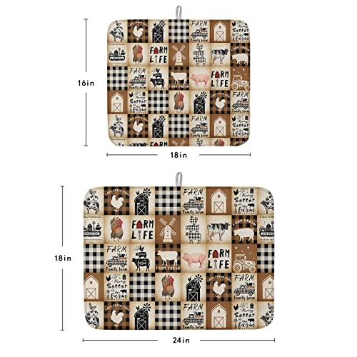 Lifemusion Farm Animals Dish Drying Mat For Kitchen Counter, Farmhouse Rustic Cow Pig Rooster Plaid Baby Bottle Microfiber Drying Pad thumb #2