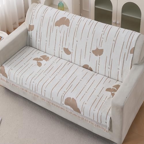 Image of HOKIPO Serene Abode Sofa Cover 2 Seater, 180x120 cm, Beige Ginkgo Lines