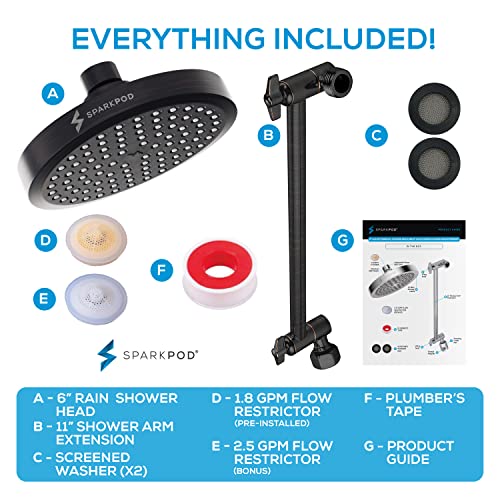 Sparkpod Rain Shower Head With Shower Arm Extension - High Pressure Rain - Luxury Modern Look - No Hassle Tool-Less 1-Min Installation (11" Shower Arm Extension, Oil Rubbed Bronze) #TOP6
